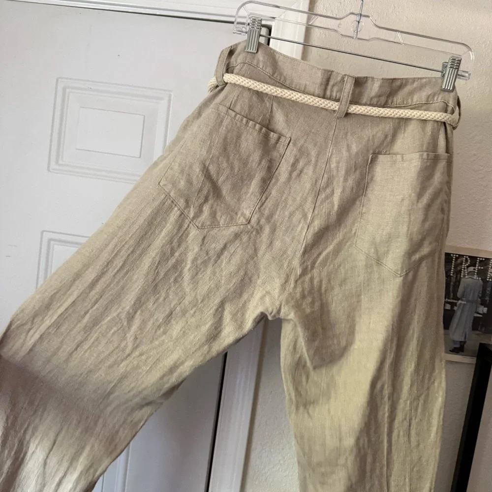 VKTRBLAK beige tan linen rope belt slim tapered straight‎ cropped pants